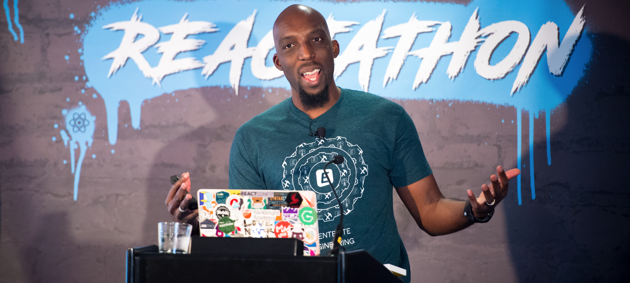 Ben Ilegbodu speaking at Reactathon 2018